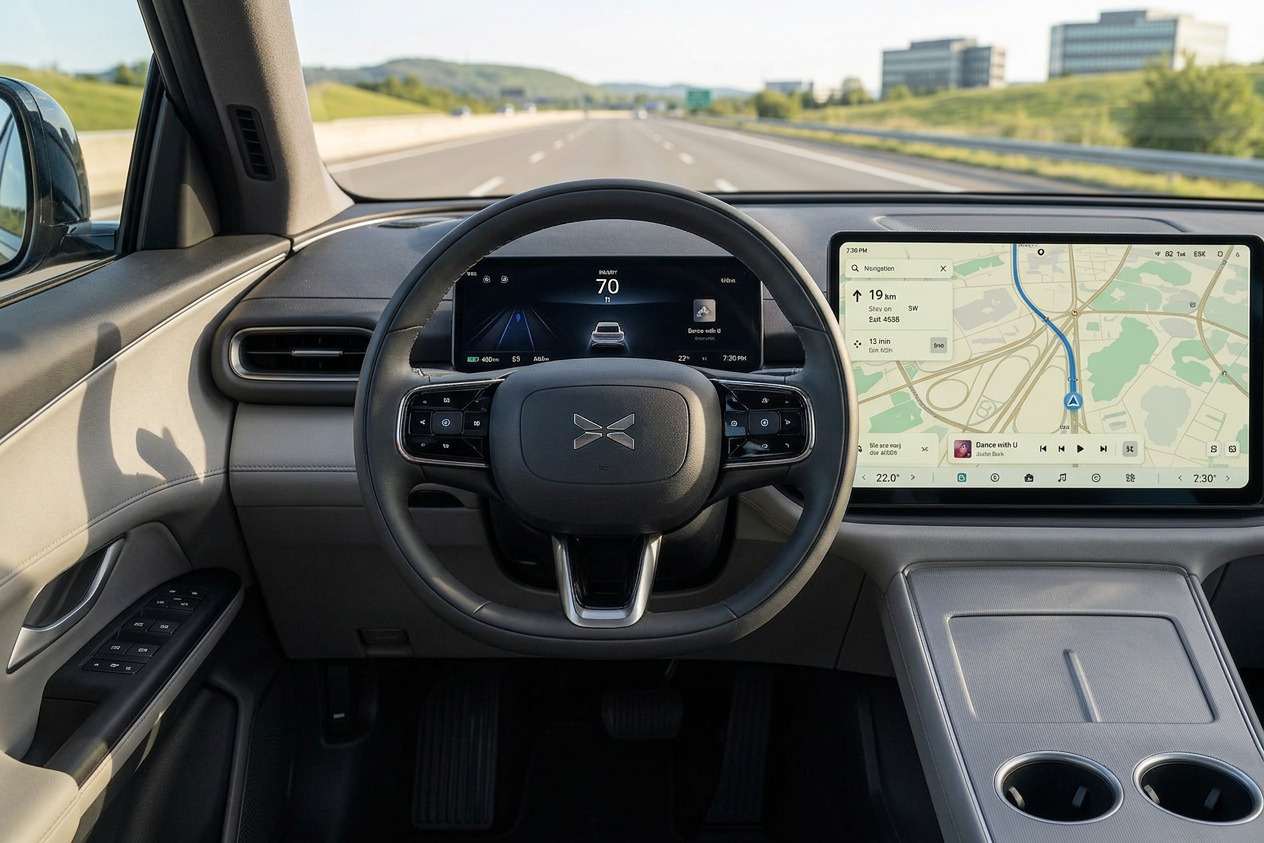 In-car display showing live driving state and navigation