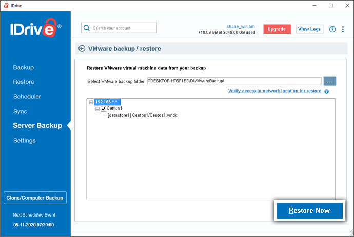 VMware restore using IDrive® cloud backup application