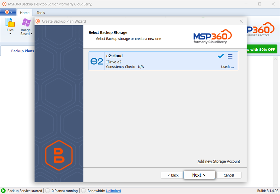 IDrive e2 with msp360 backup desktop