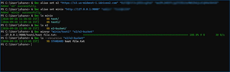 MinIO Client terminal output showing objects copied from MinIO to an IDrive e2 bucket