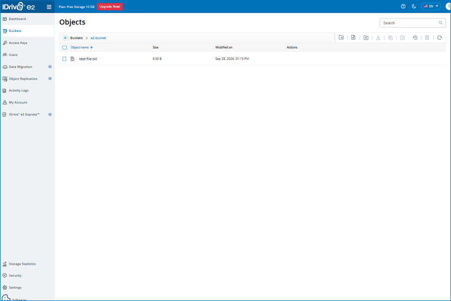 IDrive e2 console view listing files uploaded to the destination bucket from MinIO
