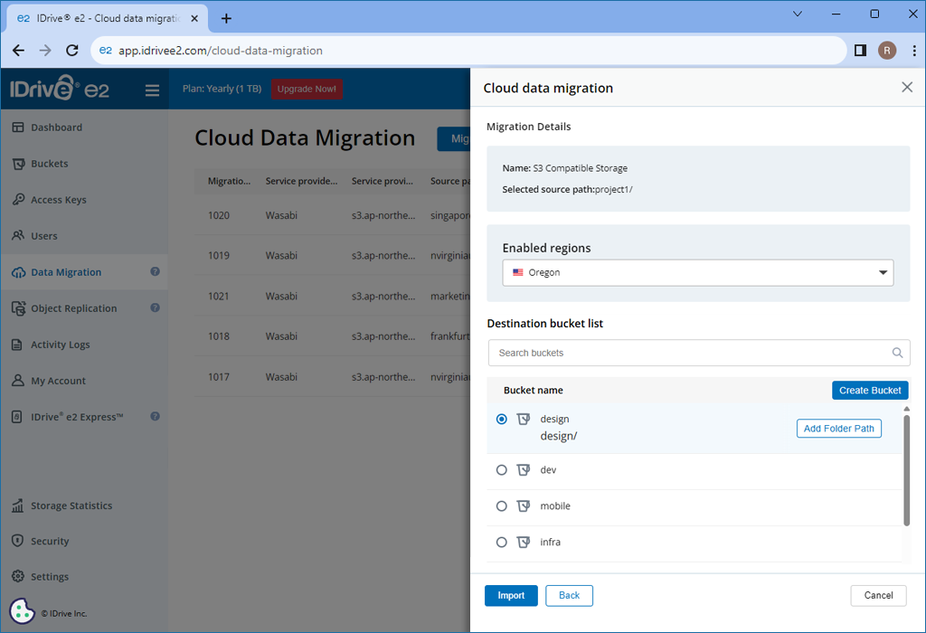 Select the destination region in IDrive e2 where you want to migrate the data