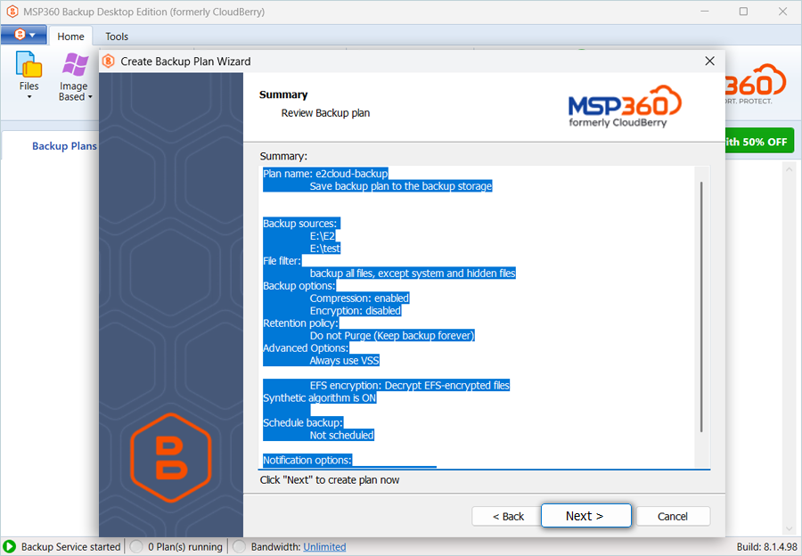 IDrive e2 with msp360 backup desktop