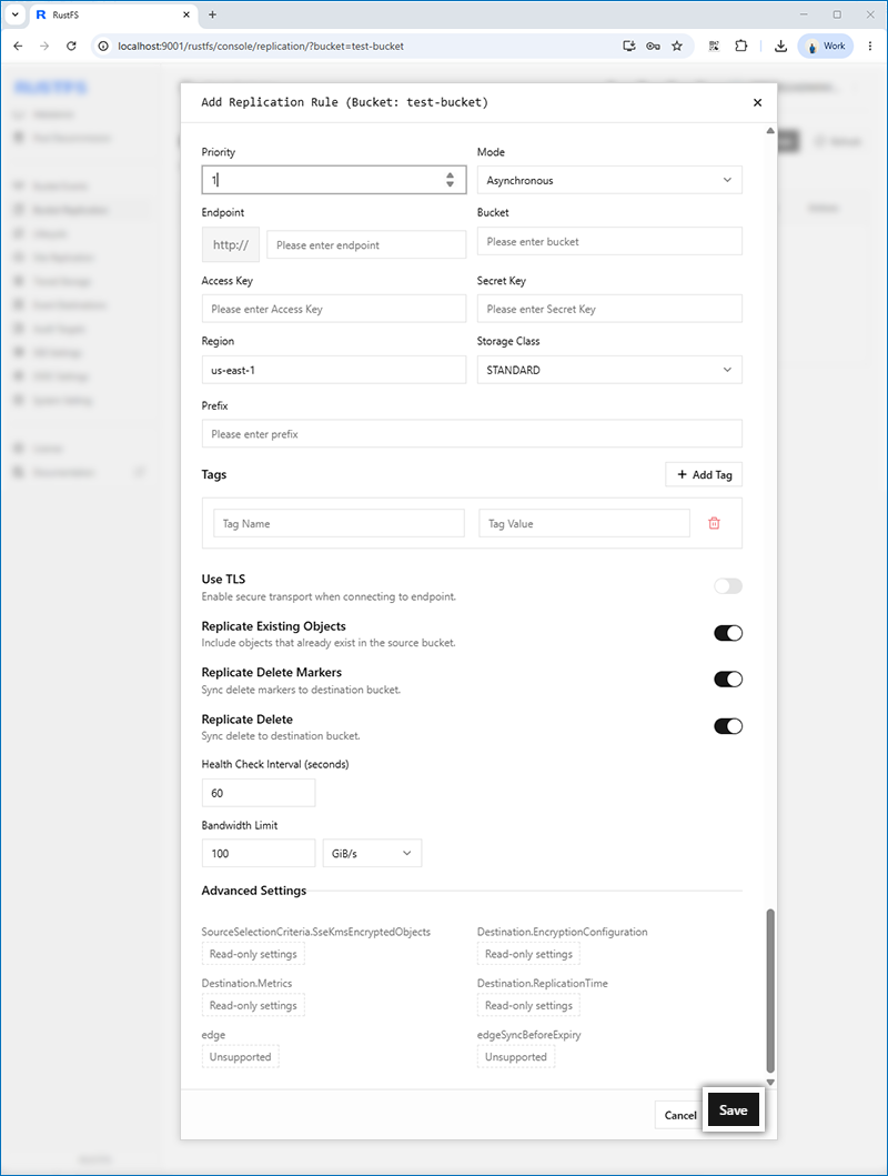 Configure a replication rule in RustFS using an IDrive® e2