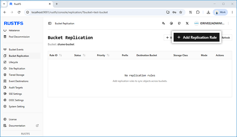 Configure a replication rule in RustFS using an IDrive® e2