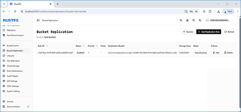 Configure a replication rule in RustFS using an IDrive® e2