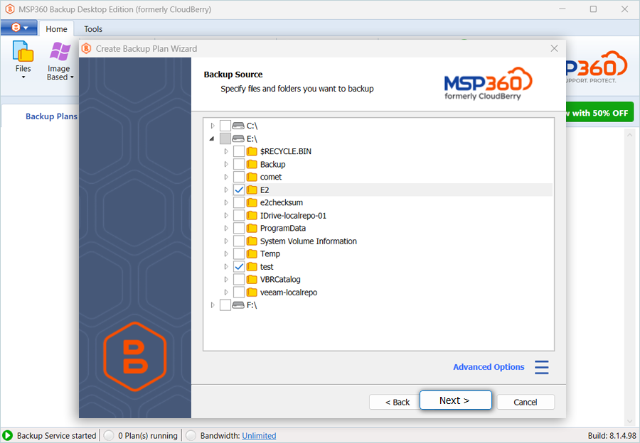 IDrive e2 with msp360 backup desktop