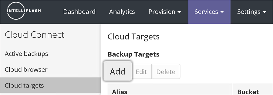 Click Add to create a new cloud target