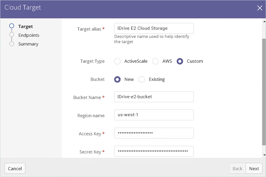 Enter bucket and credential details, then click Next