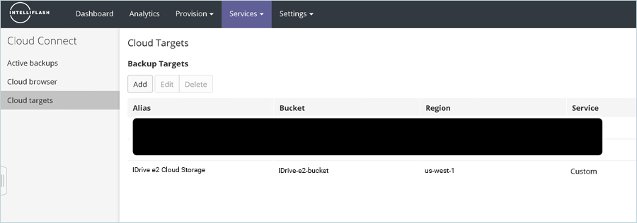 IDrive e2 Cloud Storage listed as a cloud target