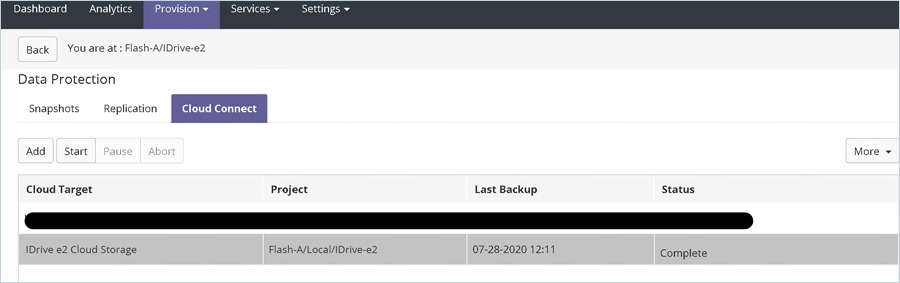 IDrive e2 Cloud Storage listed as Cloud Target in project