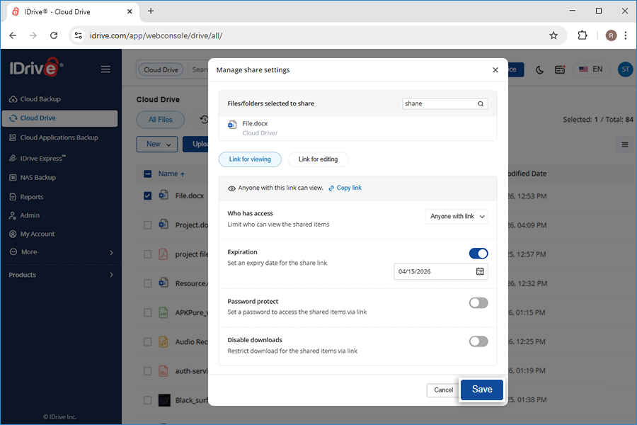 Create share link in share popup screenshot
