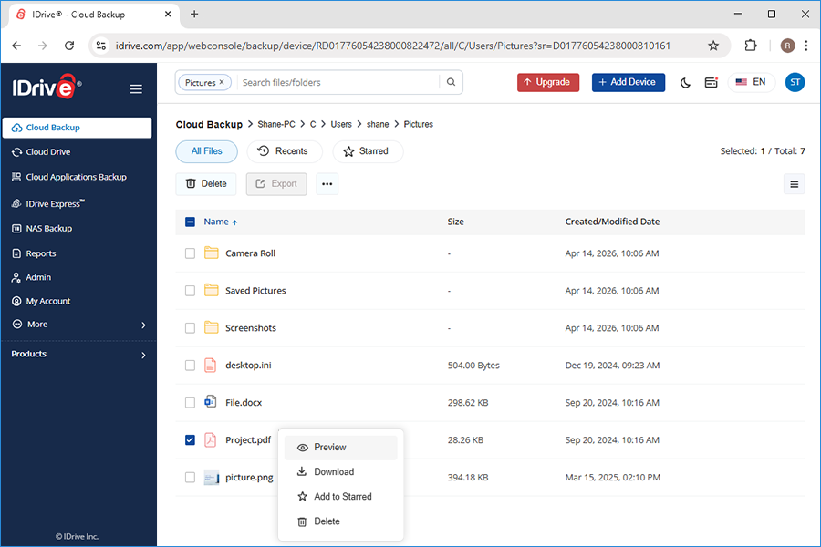 Cloud Backup Select File