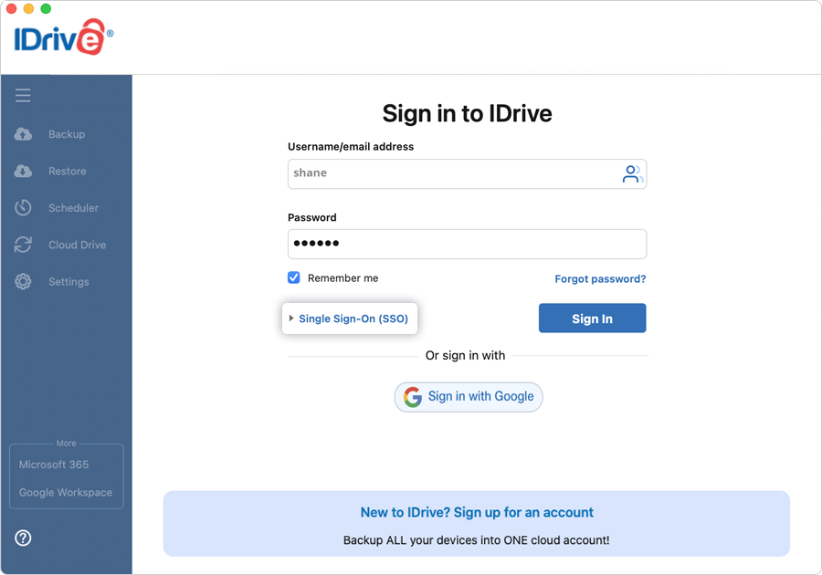 How do I sign in to my SSO enabled account from the IDrive desktop ... screenshot