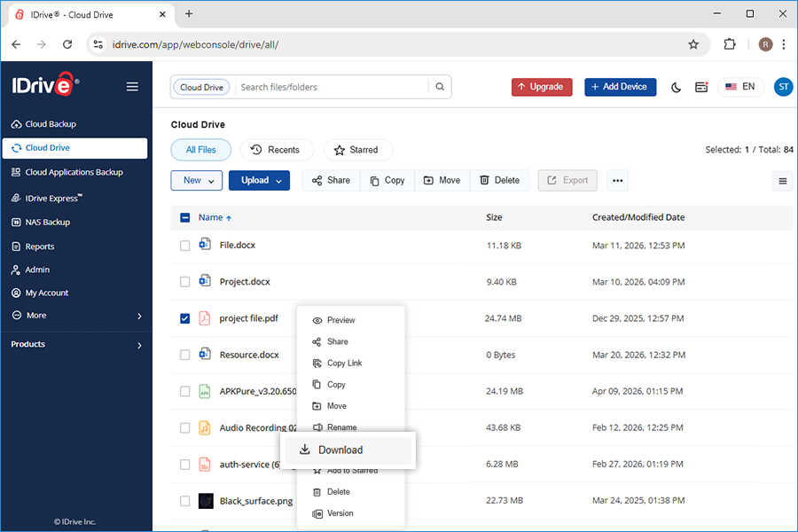 Download files from Cloud Drive in IDrive web account screenshot