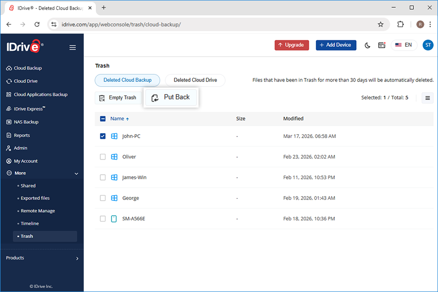 Deleted files listed in Cloud Drive Trash section screenshot
